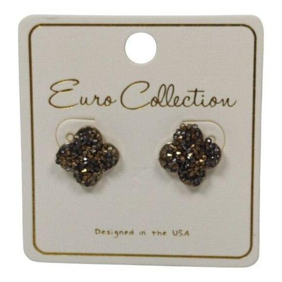 Four-Leaf Clover Stud Earrings Iridescent Rhinestone Gradient Bronze Tone Metal - Picture 2 of 9